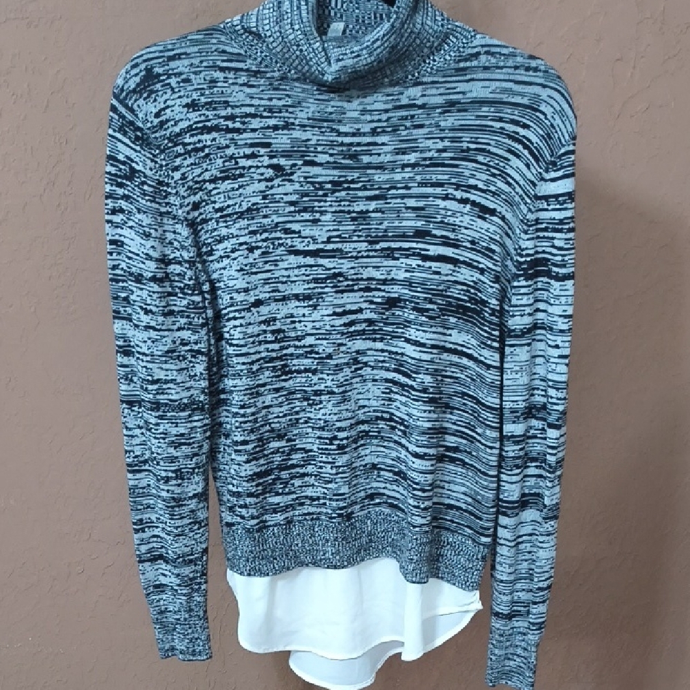 DKNYC Women's Turtleneck Sweater - Black Gray And White Faux Undershirt